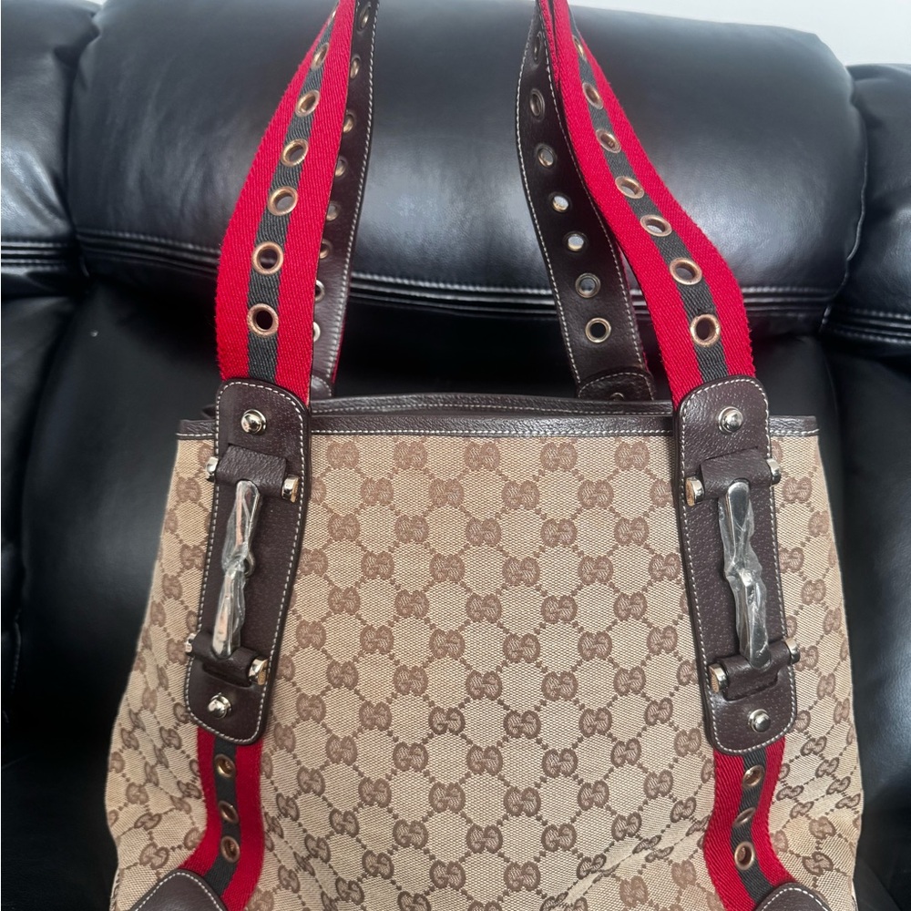 Gucci Beige and Red Tote Bag VINTAGE GUCCI CANVAS PELHAM LARGE SHOULDER BAG